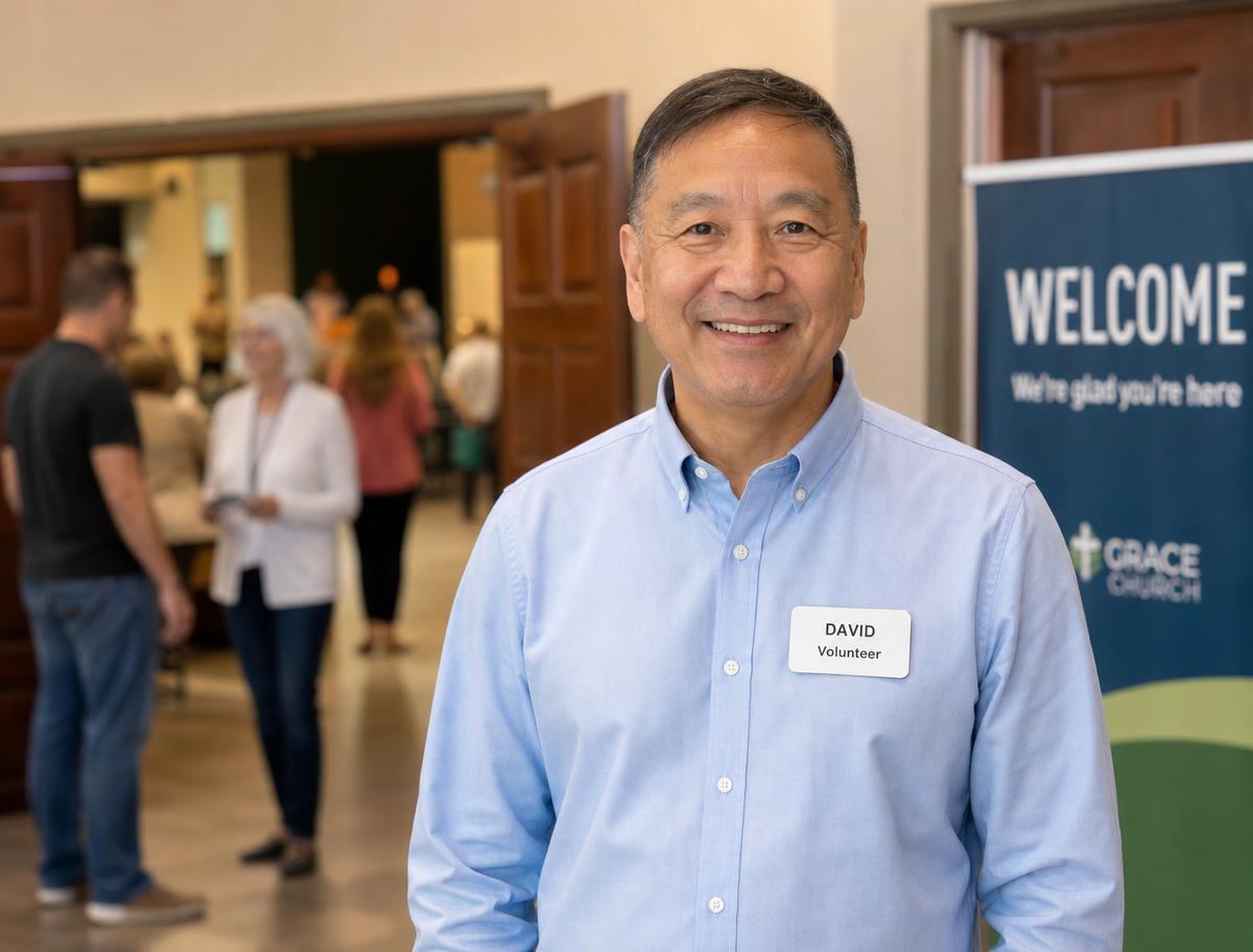 Church volunteer greeter wearing a white name badge in a welcome area