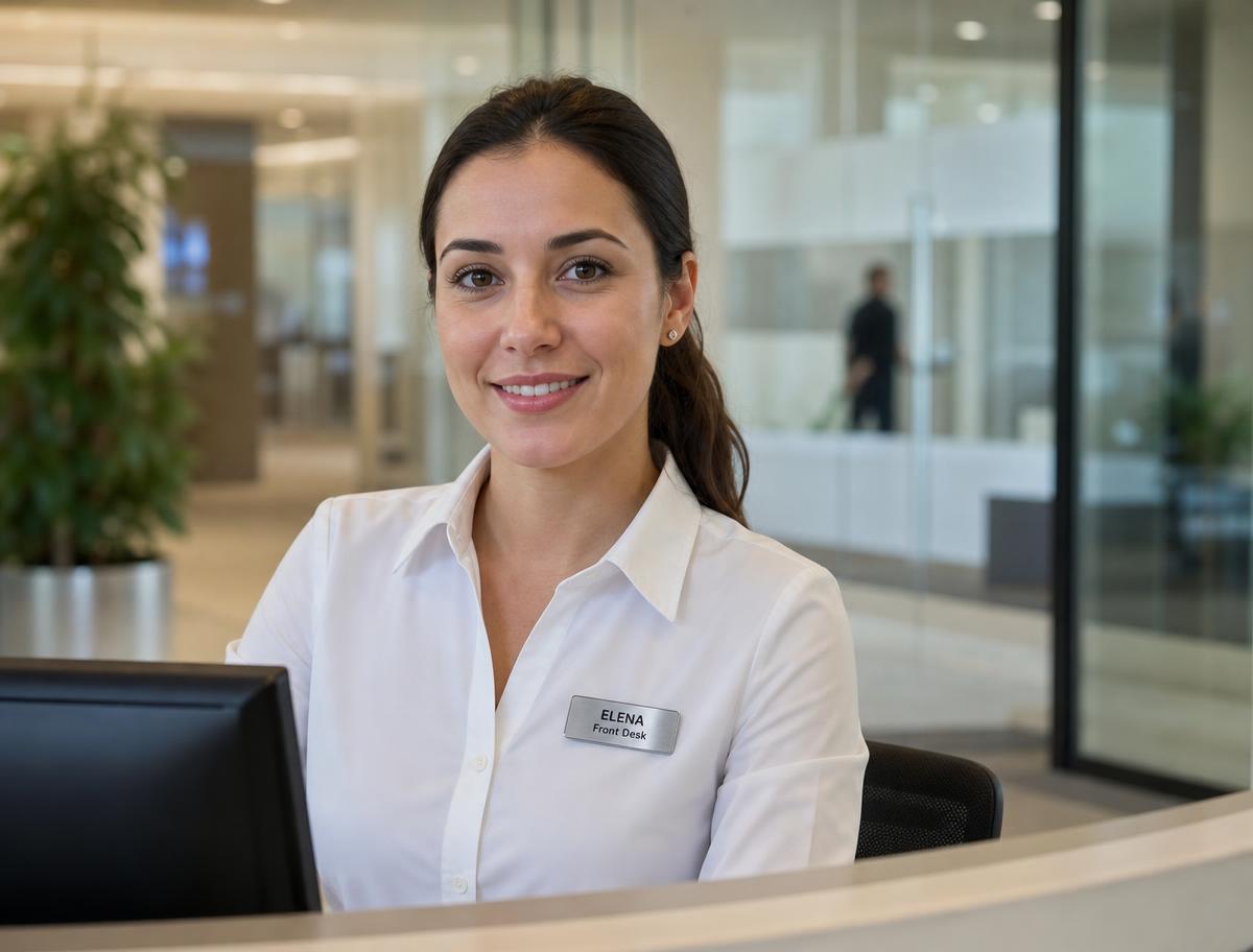 Corporate employee wearing an ID badge on a lanyard in an office lobby