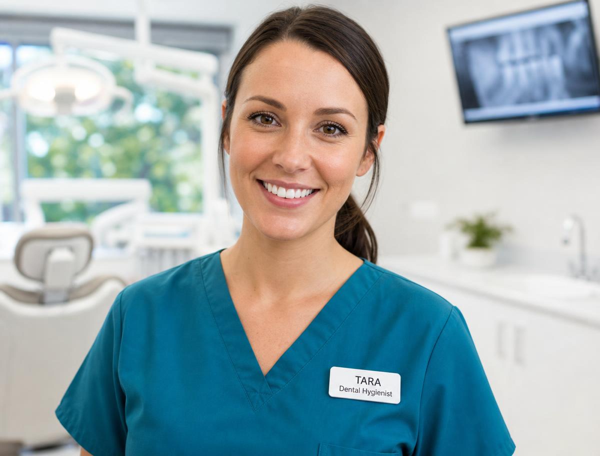 Dental hygienist in teal scrubs wearing a white name badge