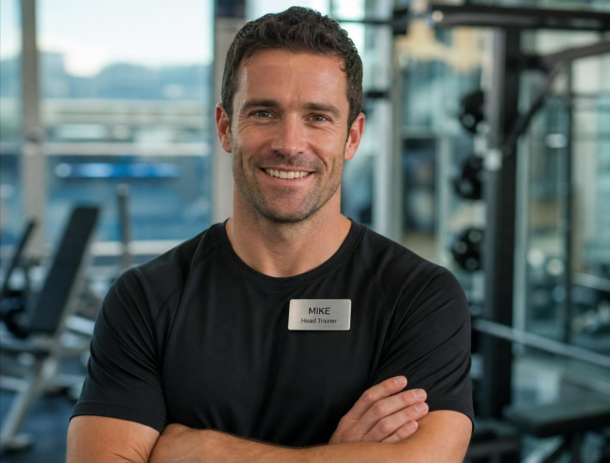 Personal trainer in a gym wearing a name badge on a performance shirt