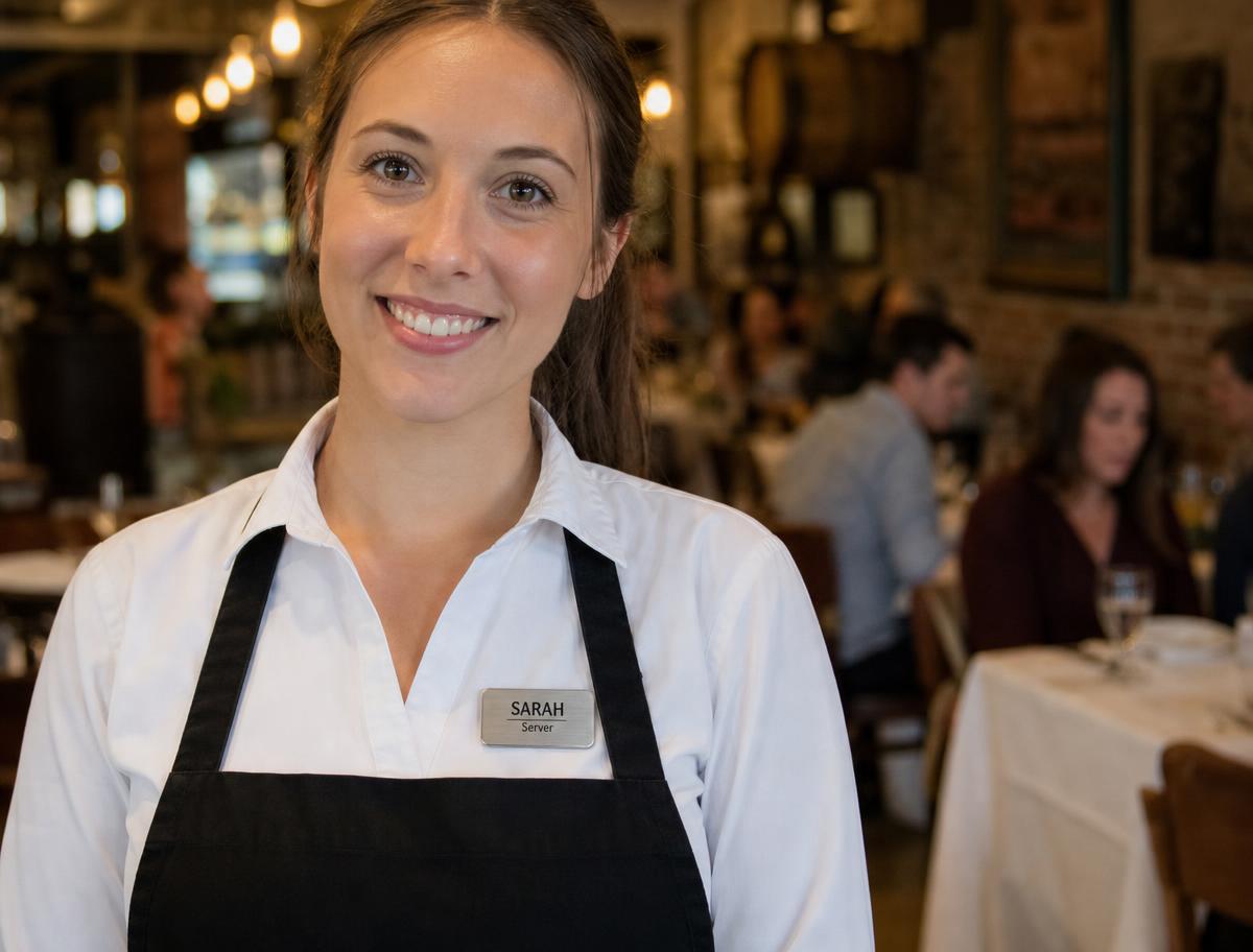 Restaurant server wearing a silver name badge with her first name and role