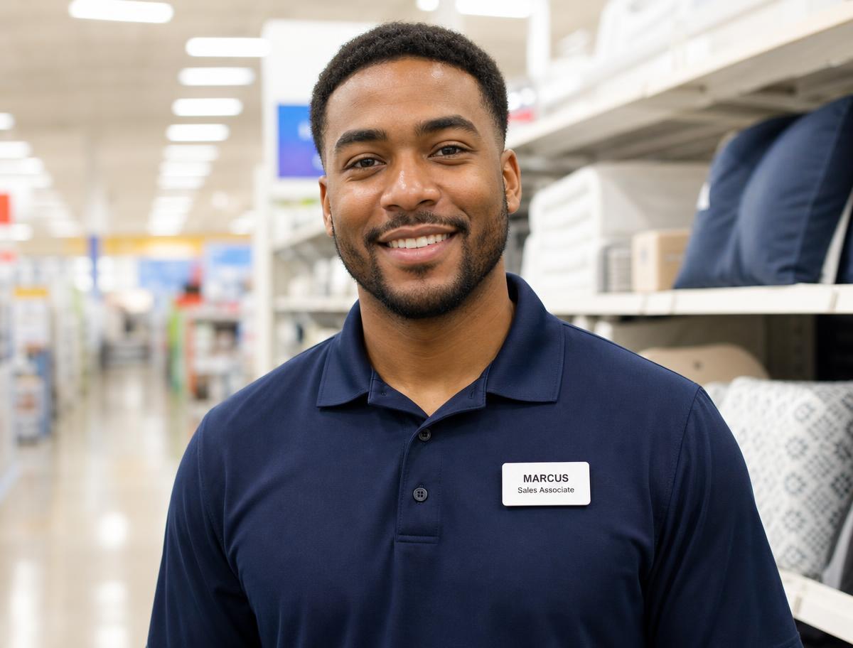 Retail sales associate in a navy polo wearing a white name badge