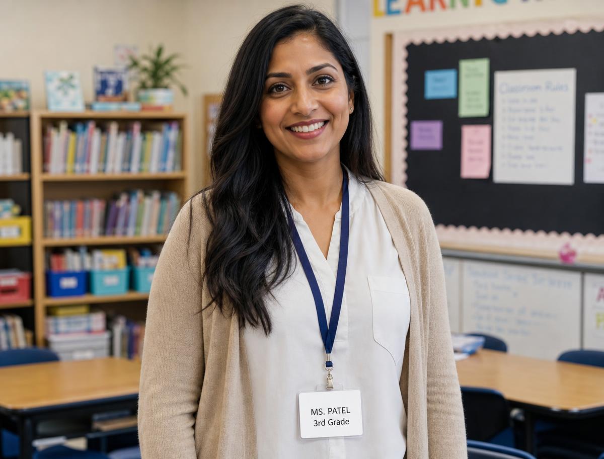Elementary teacher wearing a school ID badge on a navy lanyard in her classroom