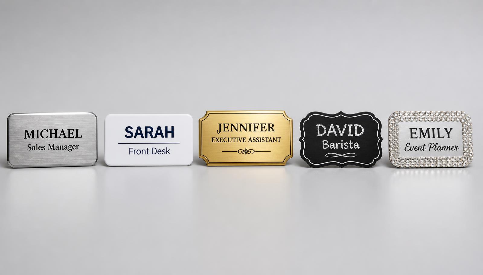Row of custom name badges in silver, white plastic, gold, chalkboard and rhinestone styles