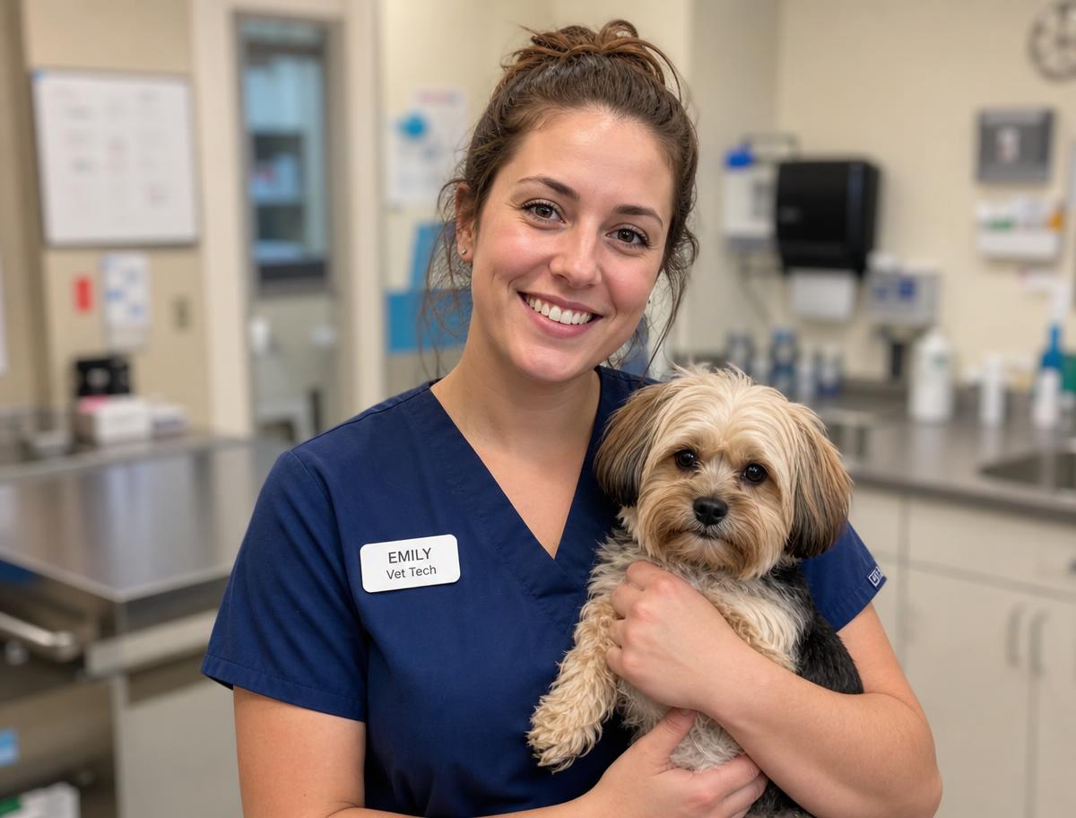 Veterinary technician in navy scrubs holding a small dog and wearing a name badge