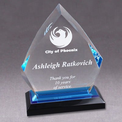 Blue acrylic diamond impress award engraved for an employee recognition program