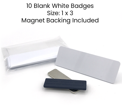 Set of blank white and silver magnetic name badges supplied as a kit