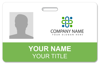 Horizontal printed photo ID card with a portrait, name, title and company logo