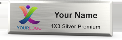 Executive solid metal name badge in brushed gold with deeply engraved lettering